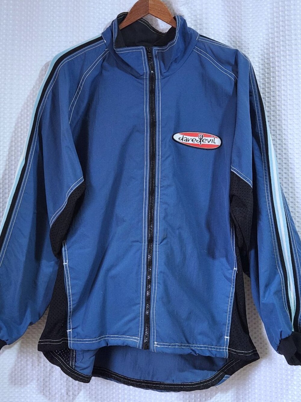 Vintage 90s Daredevil Cycling Jacket Windbreaker Drop Tail Blue Cargo Pockets XL